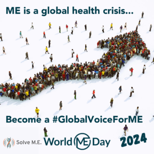 Graphic with a group of people forming an arrow. Graphic reads "ME is a global health crisis. Become a #GlobalVoiceForME"